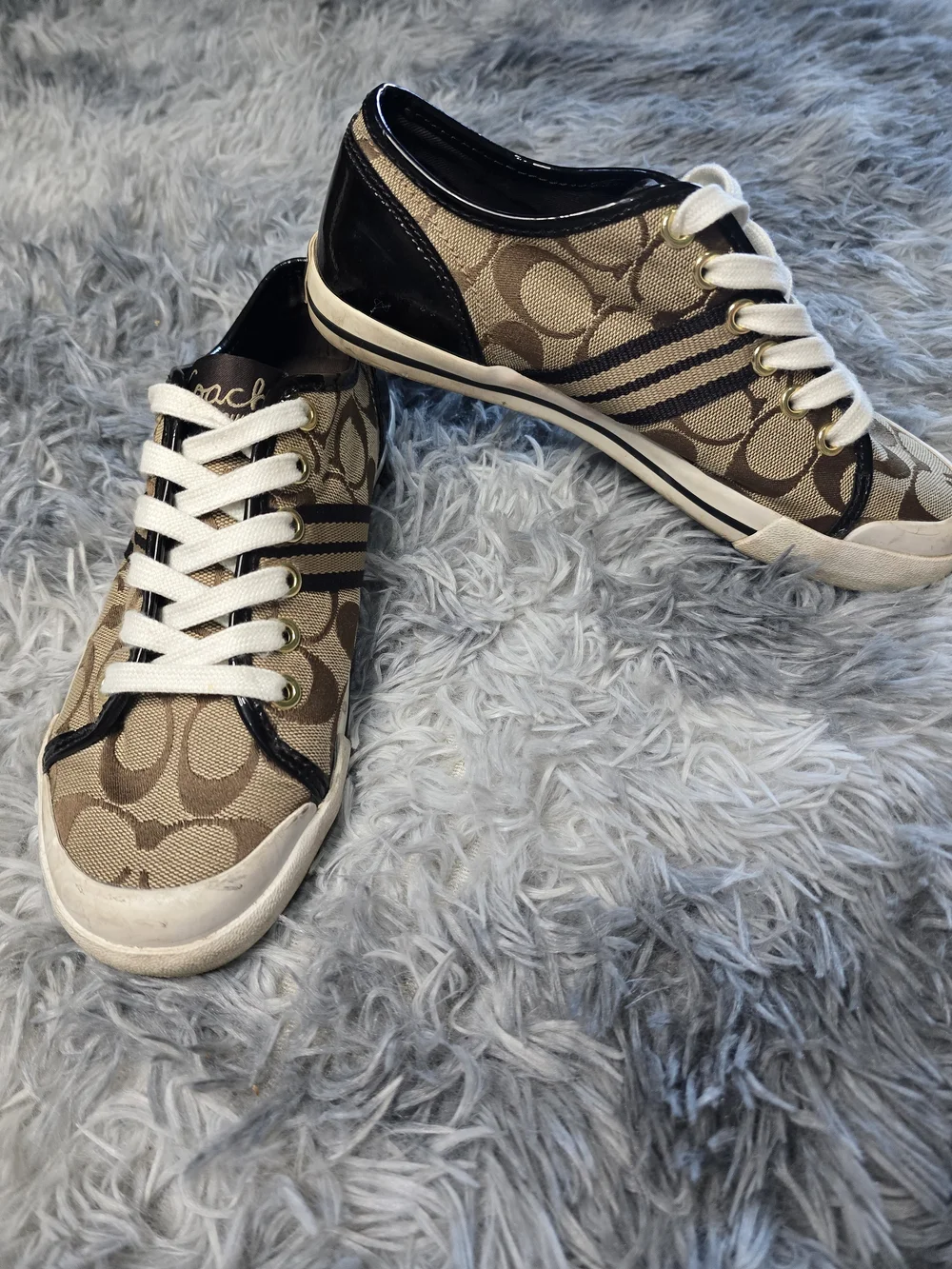 Coach Monogram Low-Top Sneakers in Brown, Cream & Black, Size 6